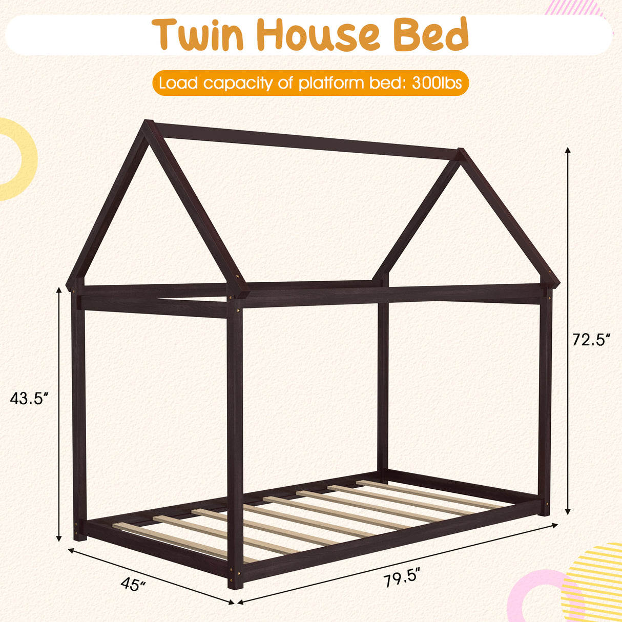 Stable Kids Platform Floor Bed with Roof ang Heavy-Duty Slats