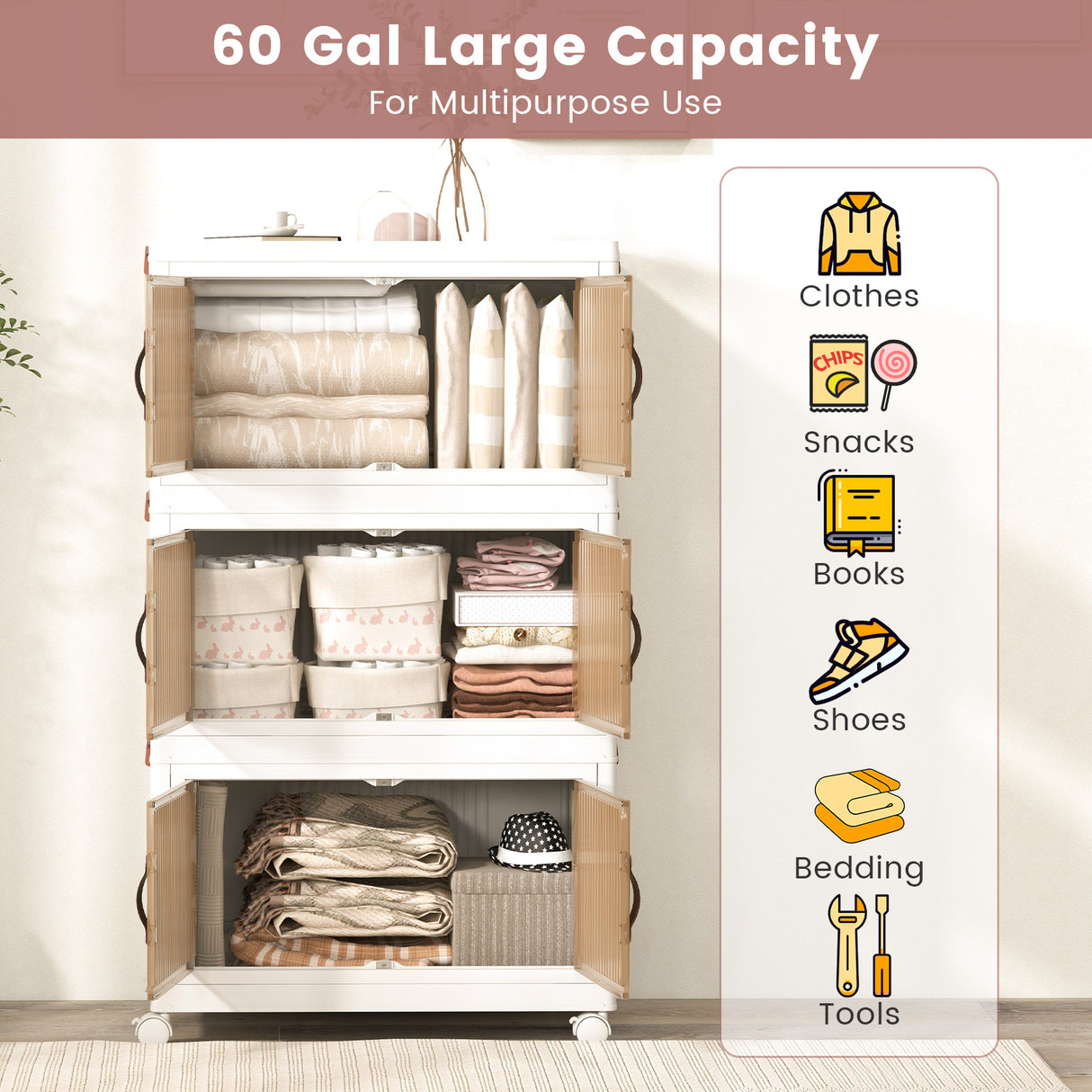 25.5/60 Gal Stackable Storage Boxes Bins with Magnetic Doors and Lockable Casters-M