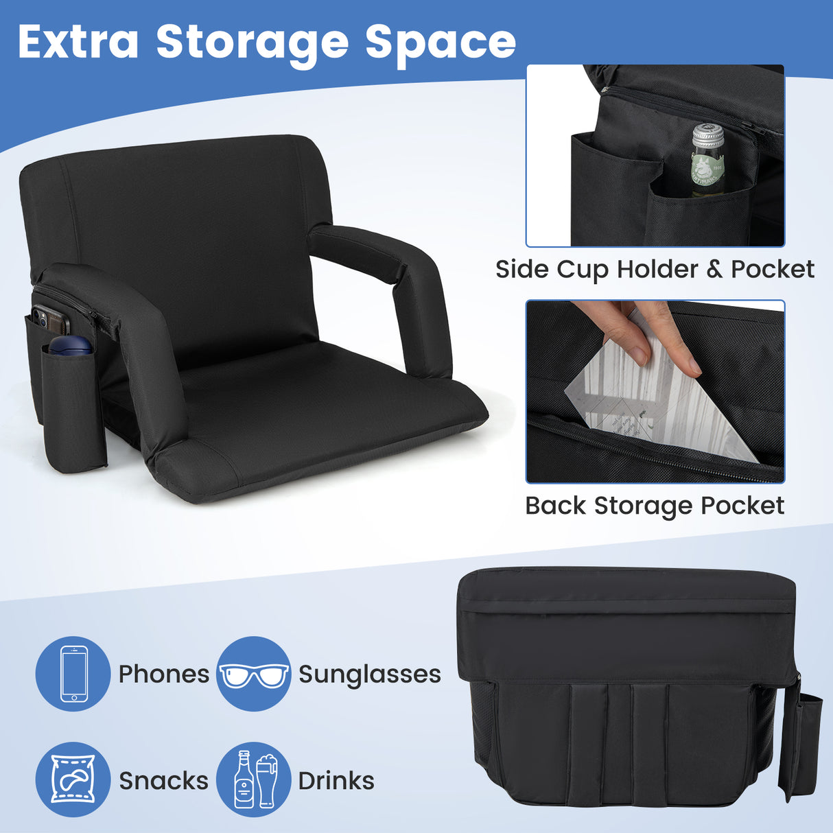 Stadium Seat for Bleachers with Back Support 6 Adjustable Positions-Black