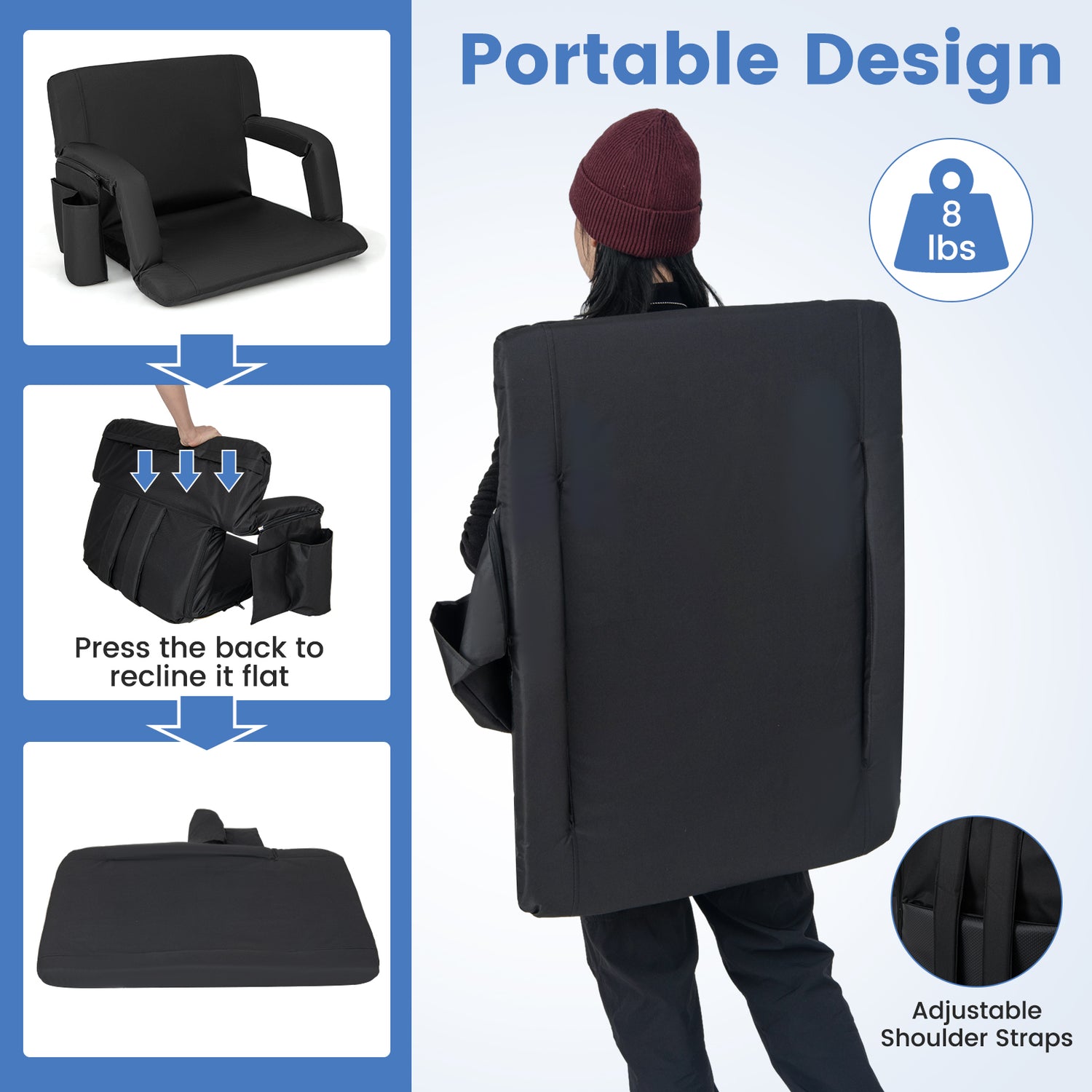 Stadium Seat for Bleachers with Back Support 6 Adjustable Positions-Black