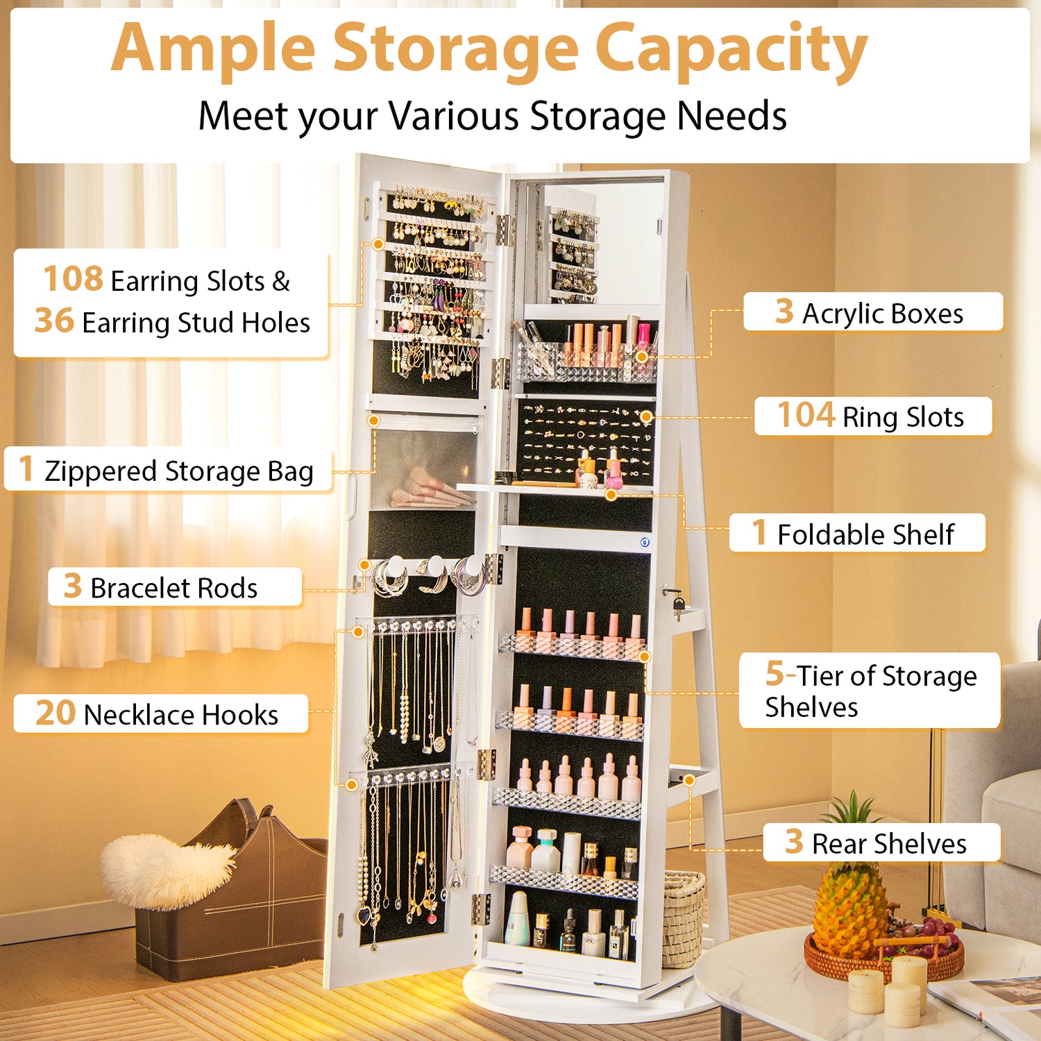Standing Jewelry Cabinet with Adjustable LED Lights