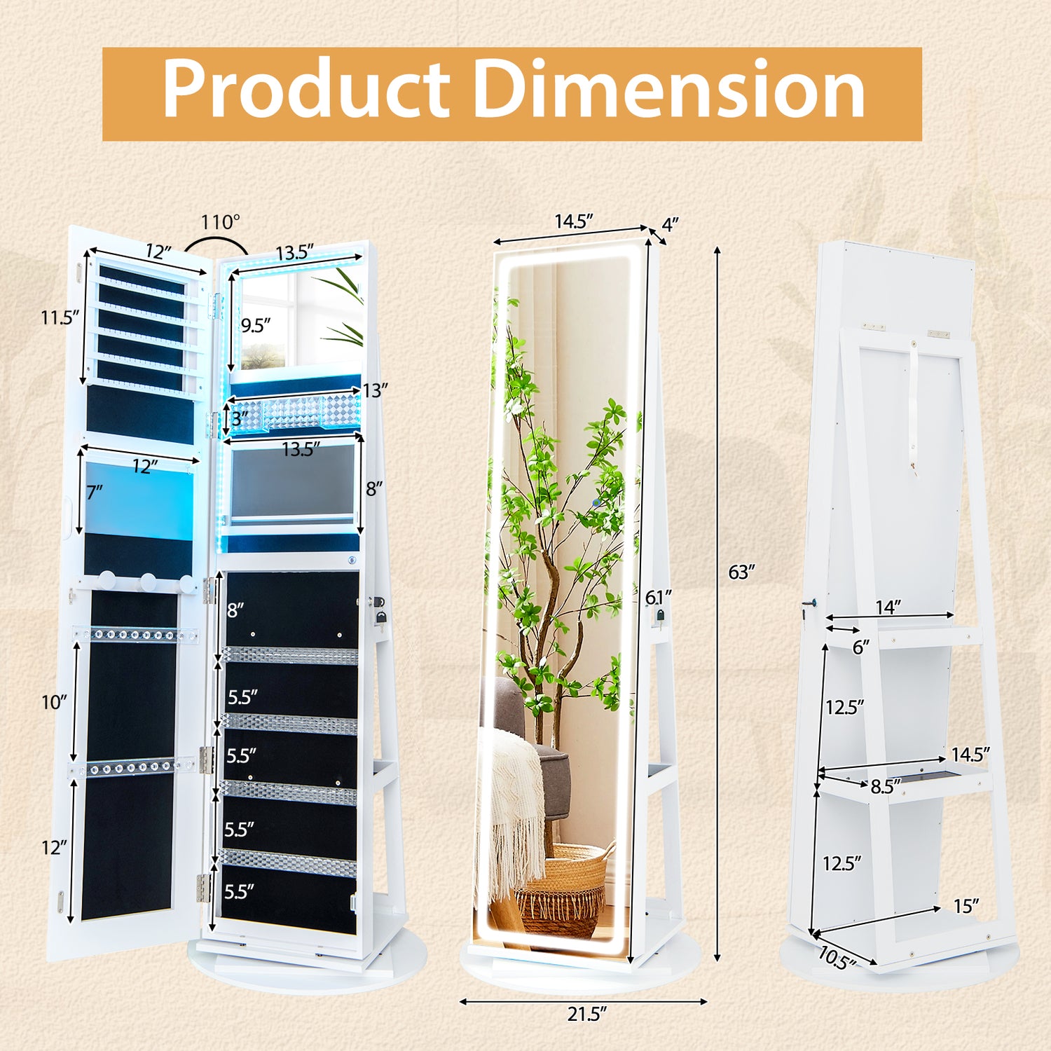 Standing Jewelry Cabinet with Adjustable LED Lights