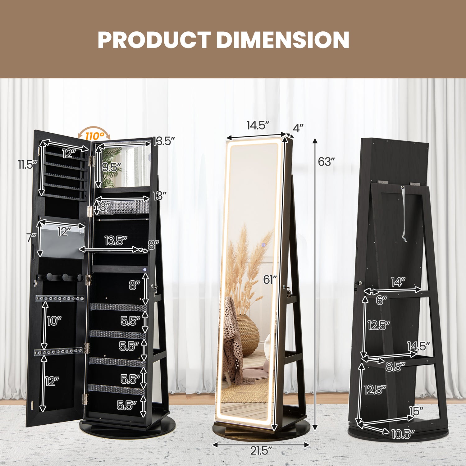 Standing Jewelry Cabinet with Adjustable LED Lights