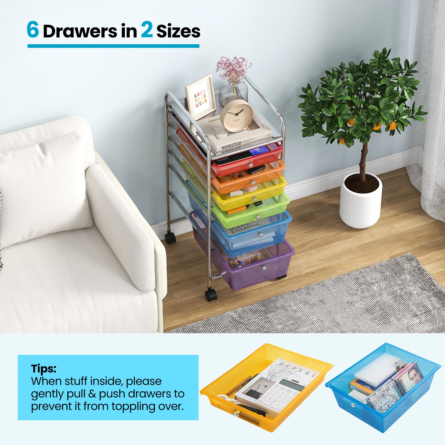 6 Drawers Rolling Storage Cart Organizer-Transparent