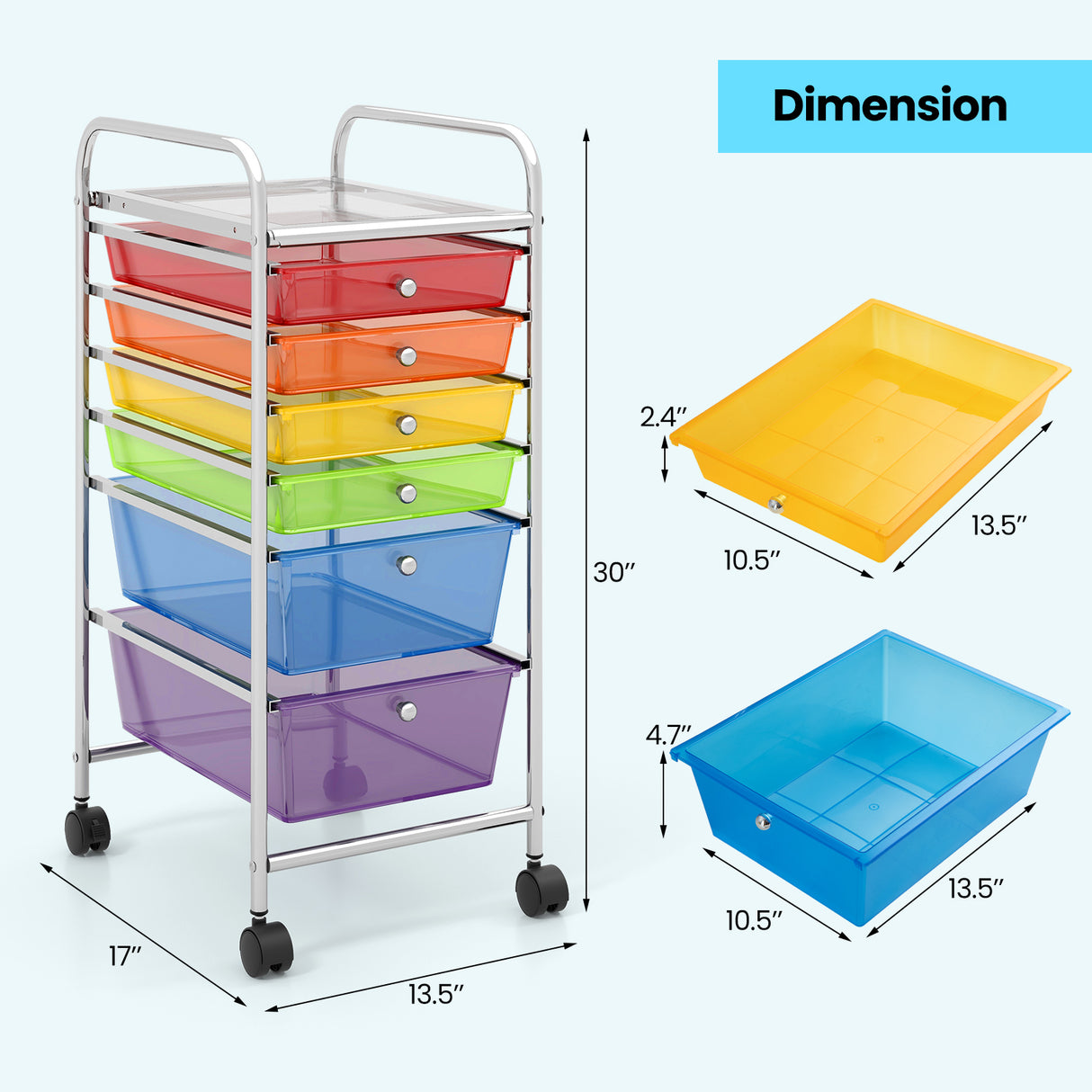 6 Drawers Rolling Storage Cart Organizer-Transparent