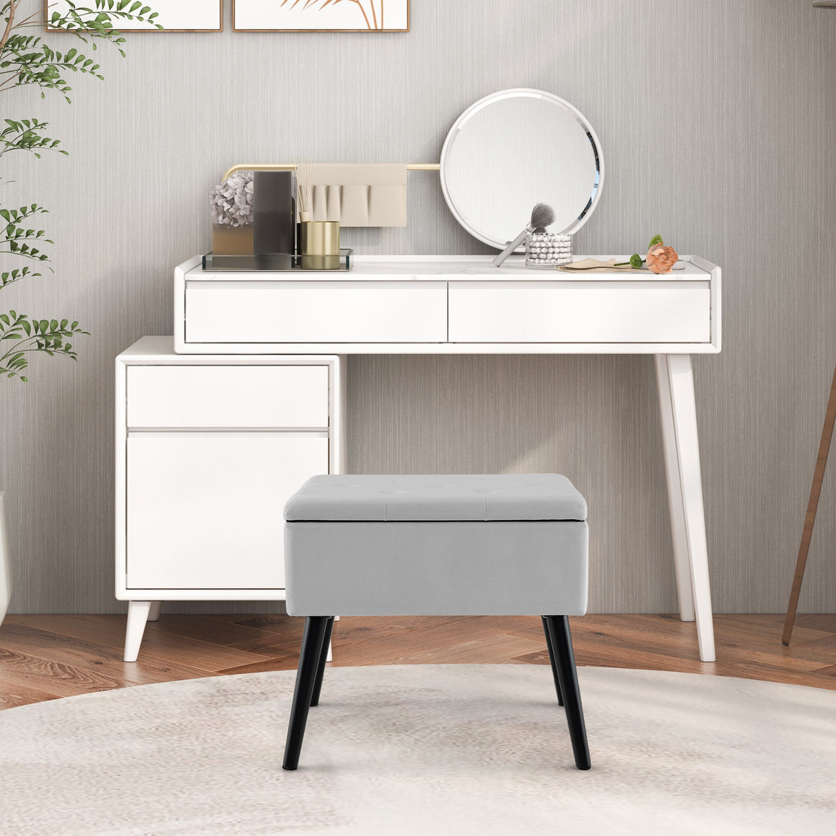 Velvet Storage Ottoman with Solid Wood Legs for Living Room Bedroom