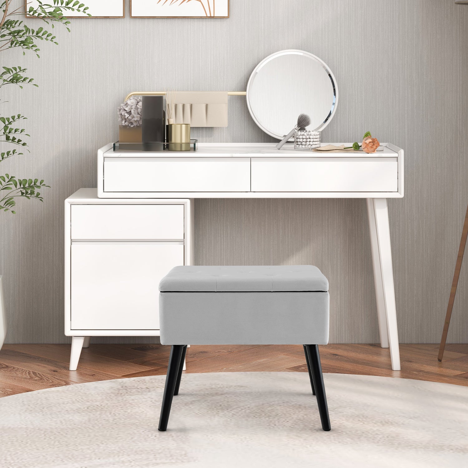 Velvet Storage Ottoman with Solid Wood Legs for Living Room Bedroom