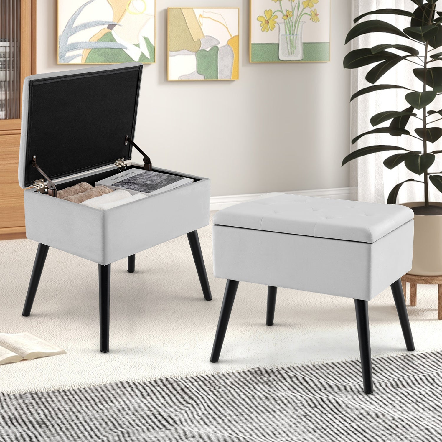 Velvet Storage Ottoman with Solid Wood Legs for Living Room Bedroom