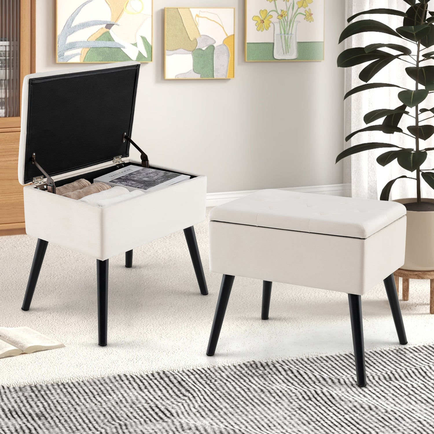 Velvet Storage Ottoman with Solid Wood Legs for Living Room Bedroom