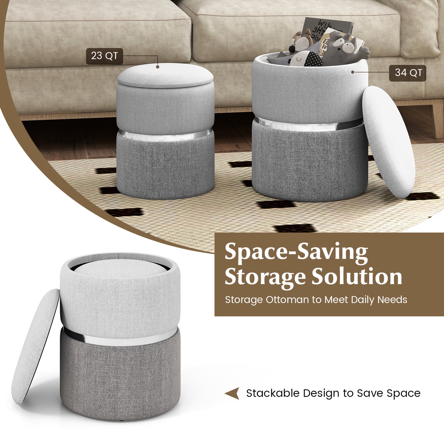 Velvet/Linen Fabric Storage Ottoman Set of 2-Gray