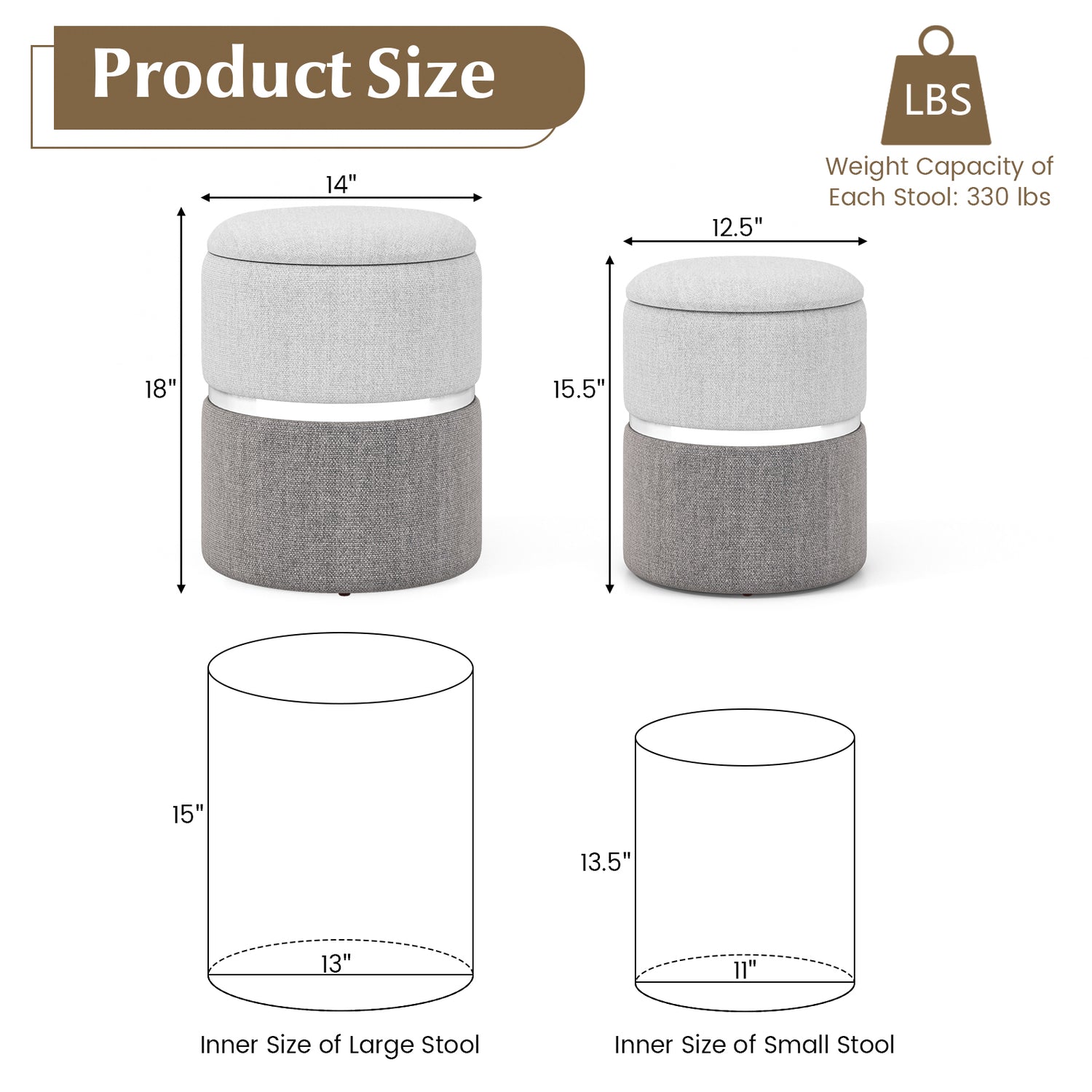 Velvet/Linen Fabric Storage Ottoman Set of 2-Gray