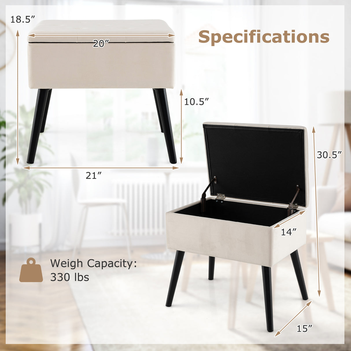 Velvet Storage Ottoman with Solid Wood Legs for Living Room Bedroom