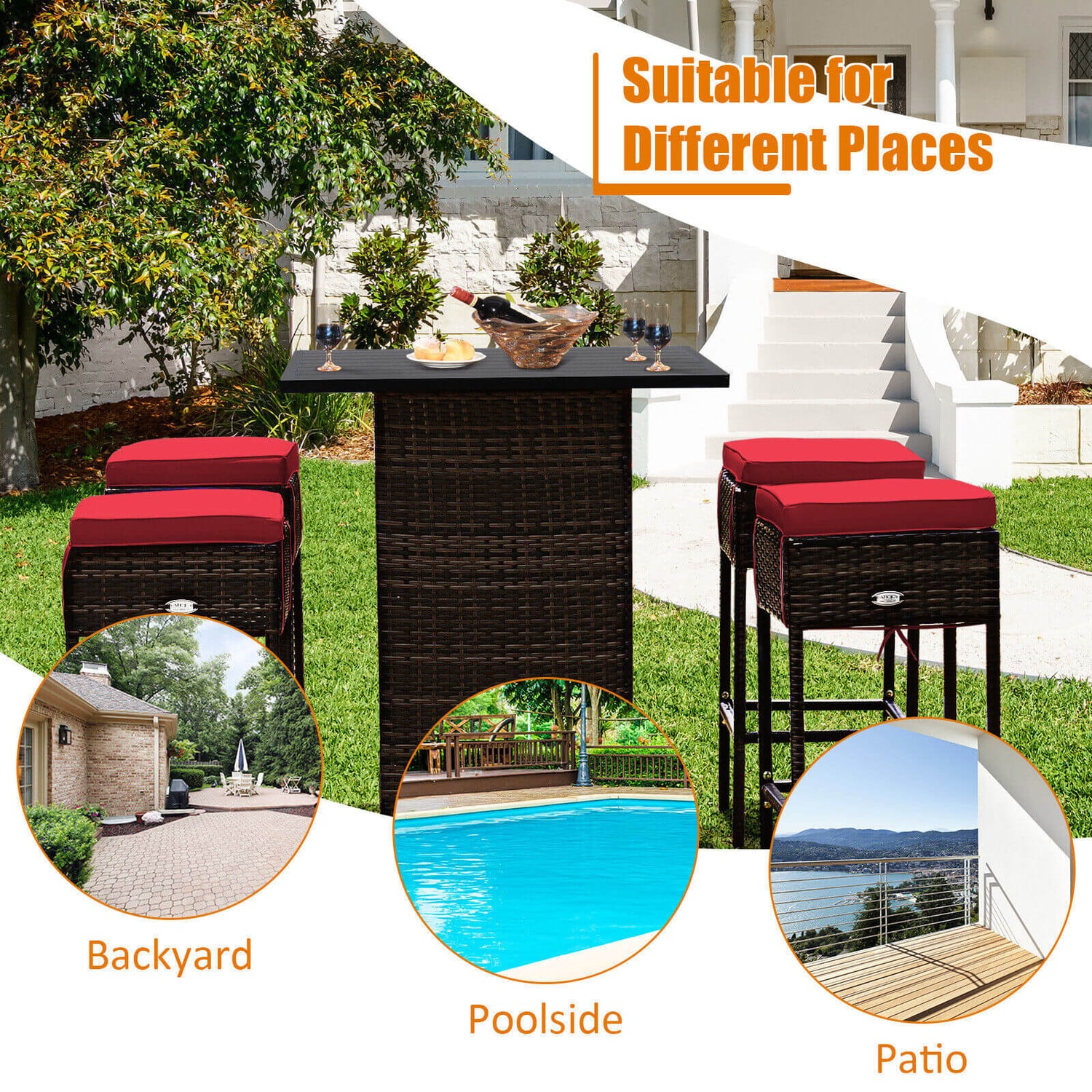 5 Pieces Patio Rattan Bar Table Stool Set Hidden Storage Shelf Cushioned