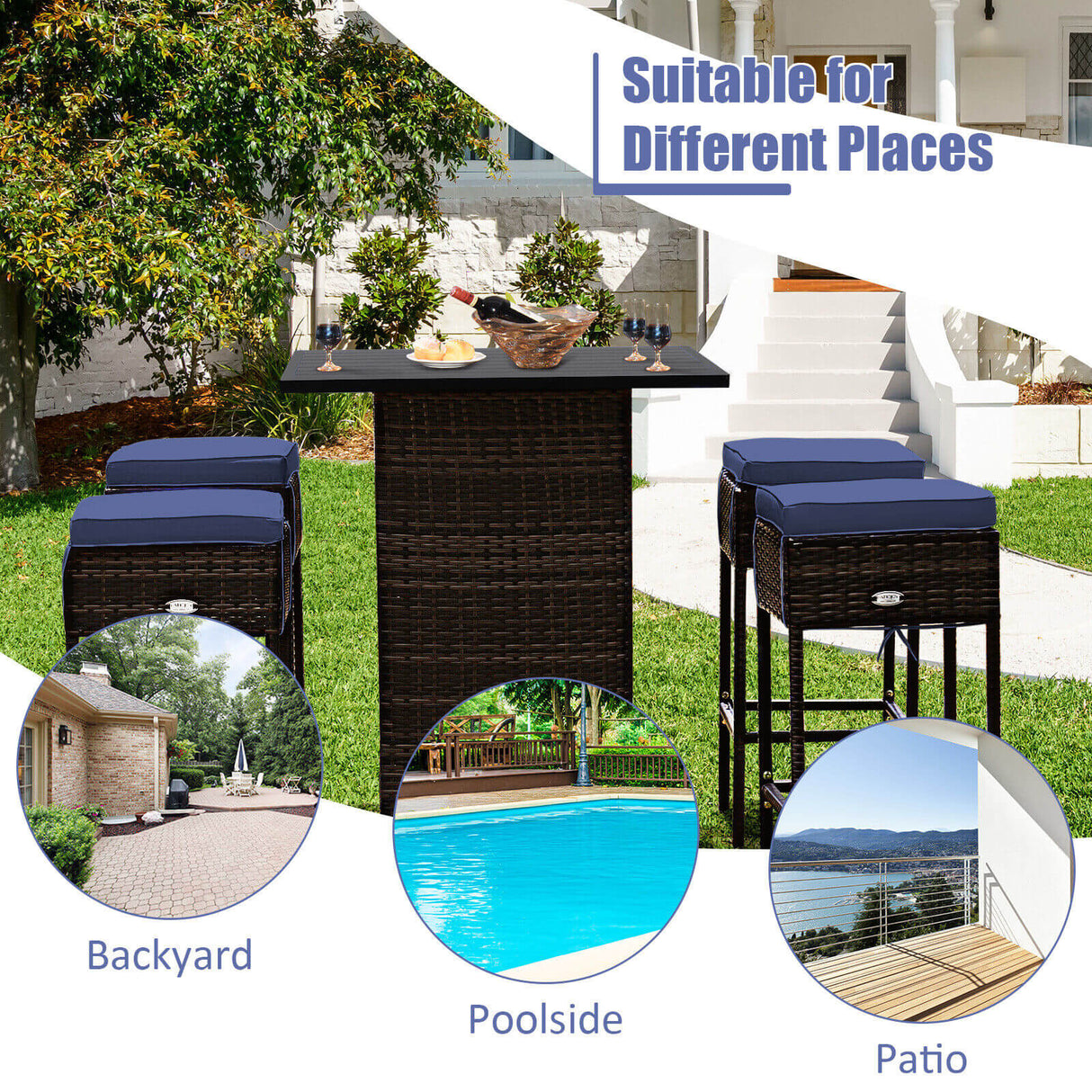5 Pieces Patio Rattan Bar Table Stool Set Hidden Storage Shelf Cushioned