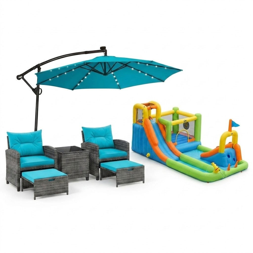 Summer Patio Luxury Bundle: 5-Pc Rattan Furniture Set 8-in-1 Water Slide & 10ft LED Offset Umbrella
