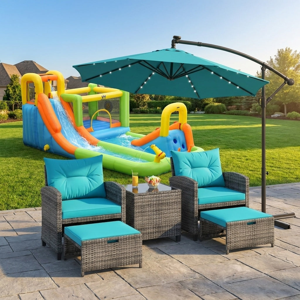 Summer Patio Luxury Bundle: 5-Pc Rattan Furniture Set 8-in-1 Water Slide & 10ft LED Offset Umbrella