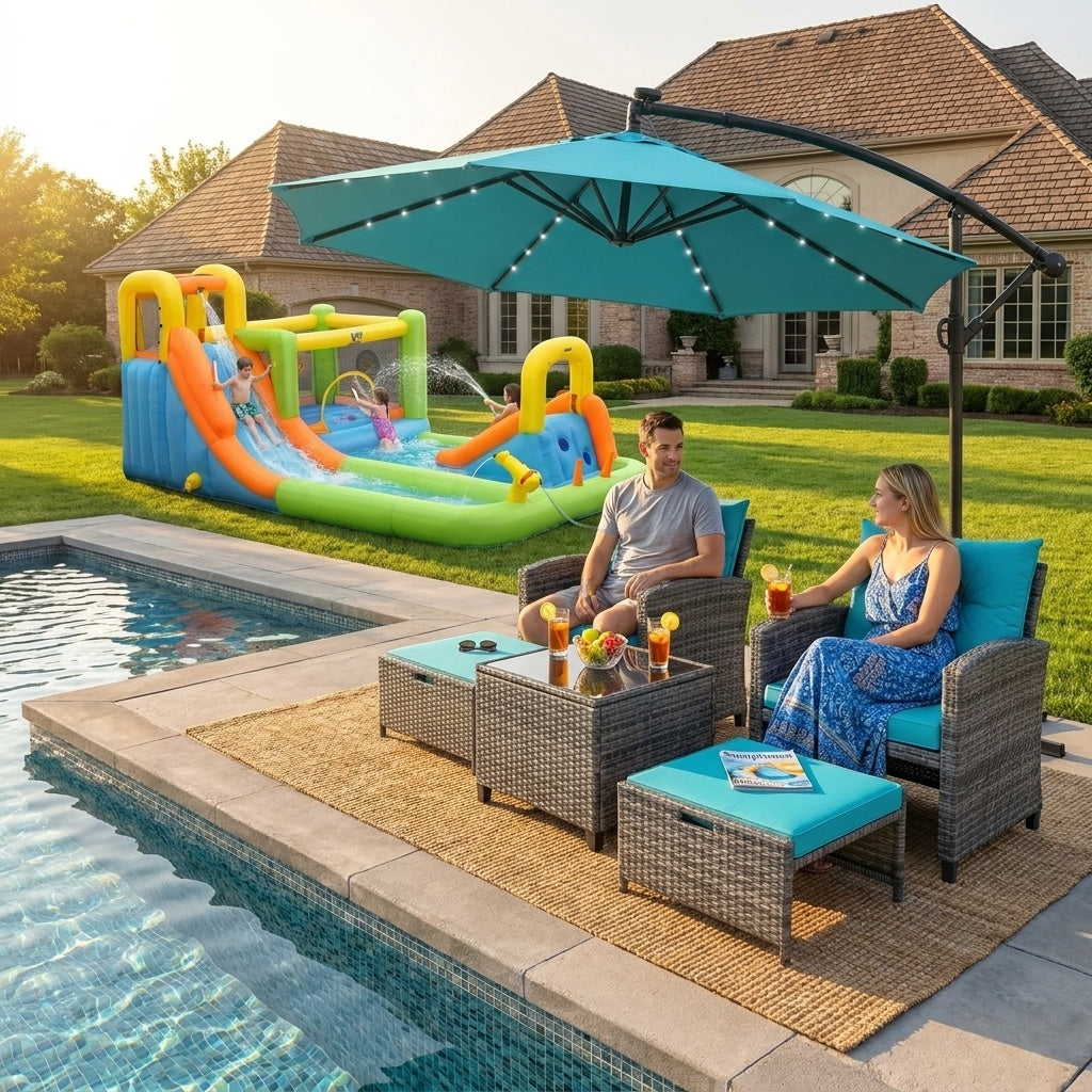 Summer Patio Luxury Bundle: 5-Pc Rattan Furniture Set 8-in-1 Water Slide & 10ft LED Offset Umbrella