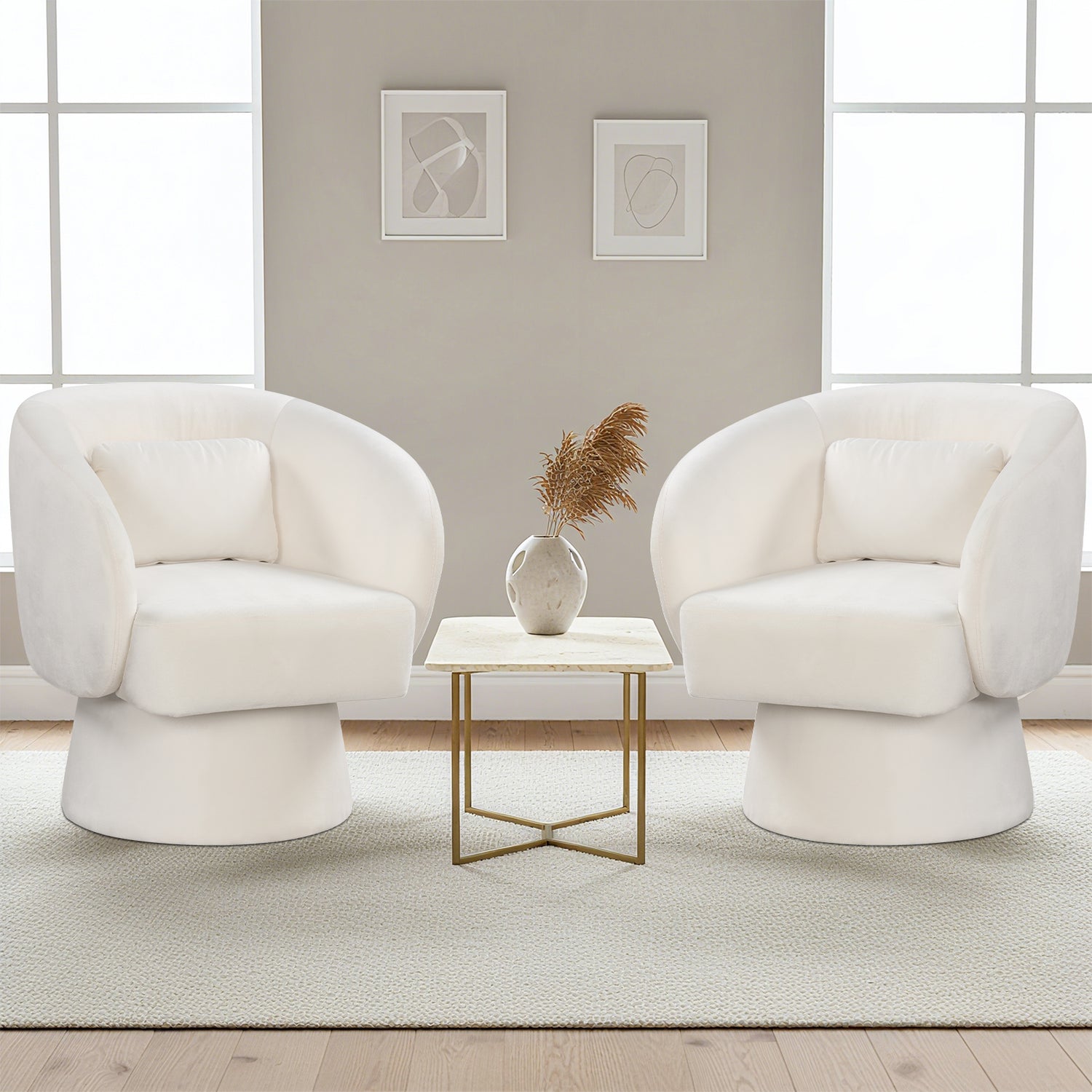 Swivel Accent Chair Upholstered Barrel Chair with Curved Back and Removable Lumbar Pillow