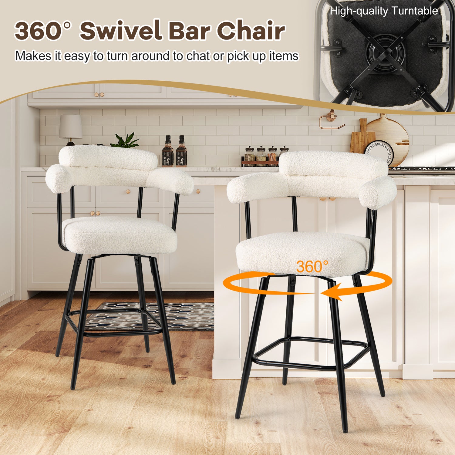 Swivel Bar Stool Set of 2 Counter Height Chairs with Curved Back and Arms