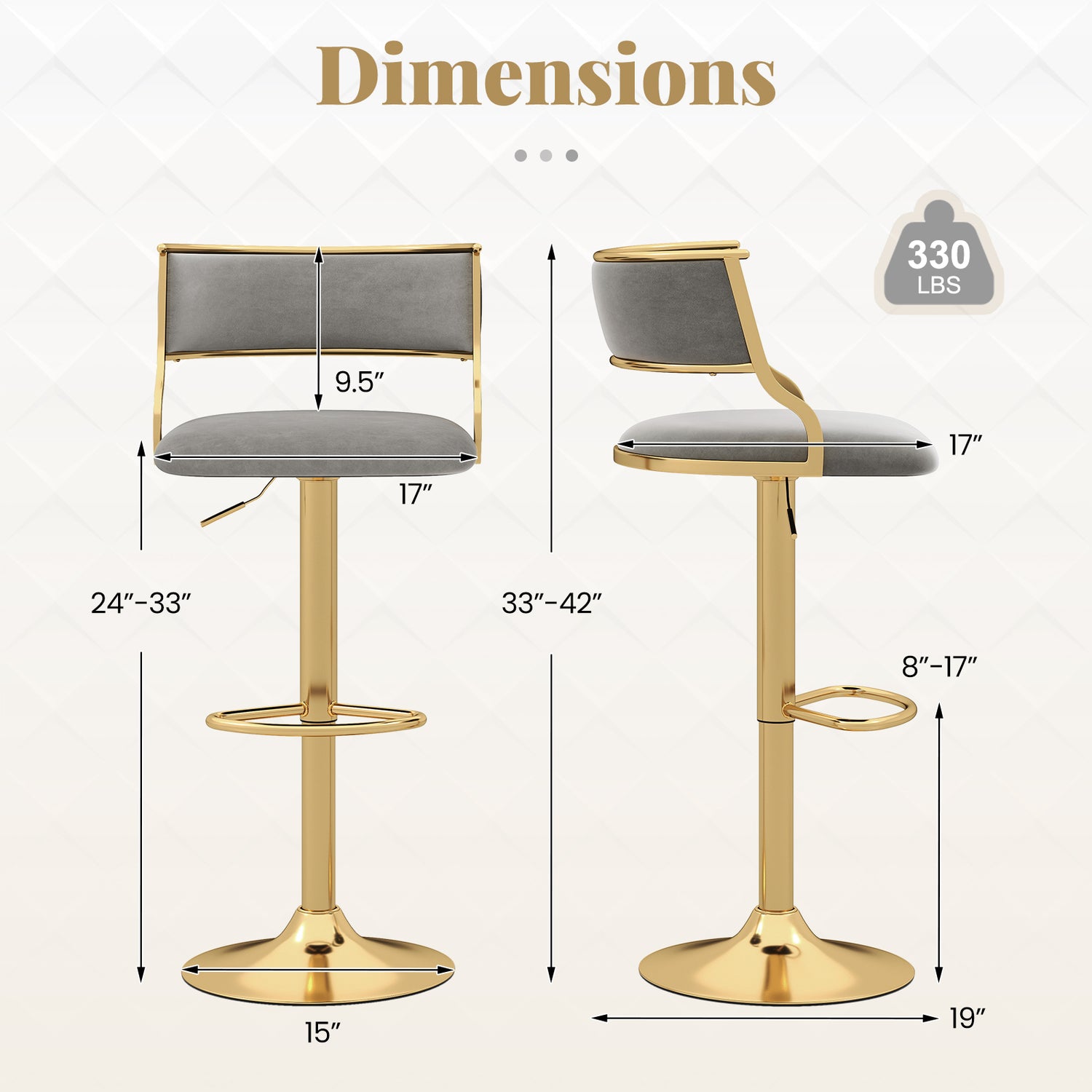 Swivel Bar Stool Set of 2 Dutch Velvet Height Adjustable Island Stools-Grey