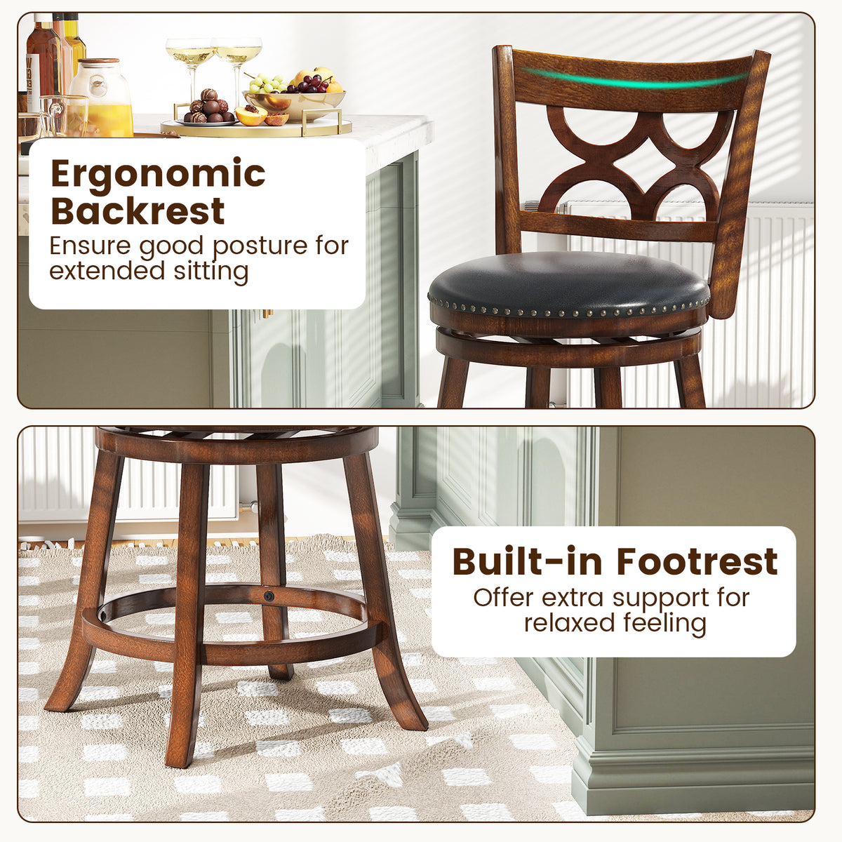 Swivel Bar Stools Set of 2 with High Backrest and Wood Frame-29/Frame-24 Inches