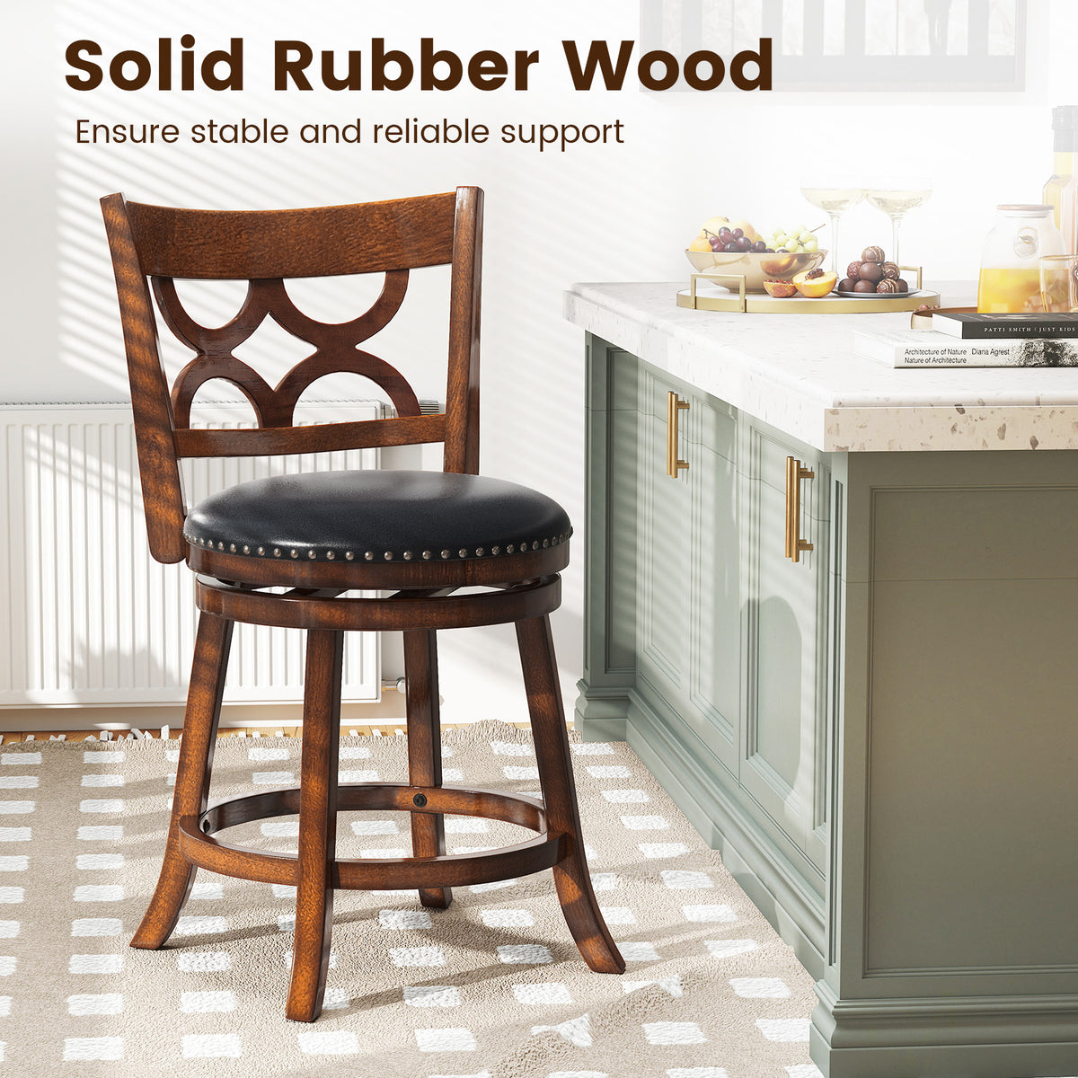 Swivel Bar Stools Set of 2 with High Backrest and Wood Frame-29/Frame-24 Inches