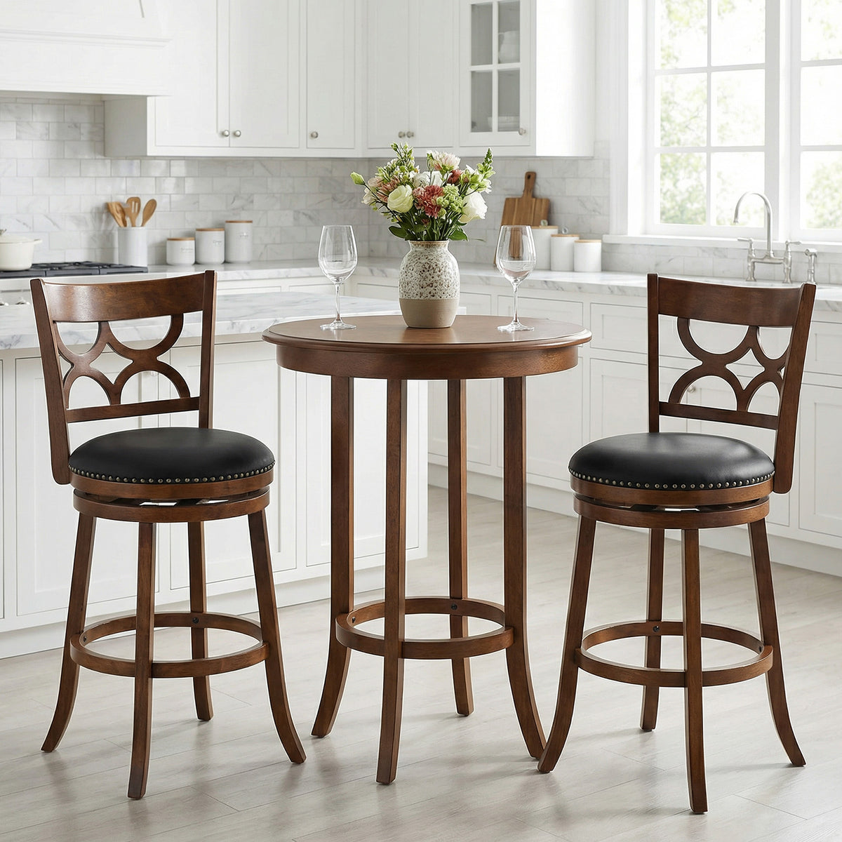 Swivel Bar Stools Set of 2 with High Backrest and Wood Frame-29/Frame-24 Inches