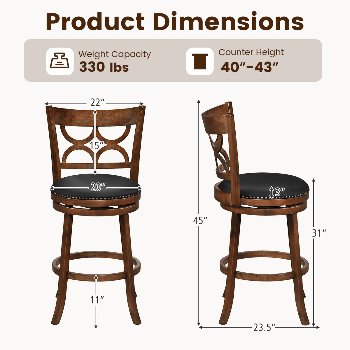 Swivel Bar Stools Set of 2 with High Backrest and Wood Frame-29/Frame-24 Inches
