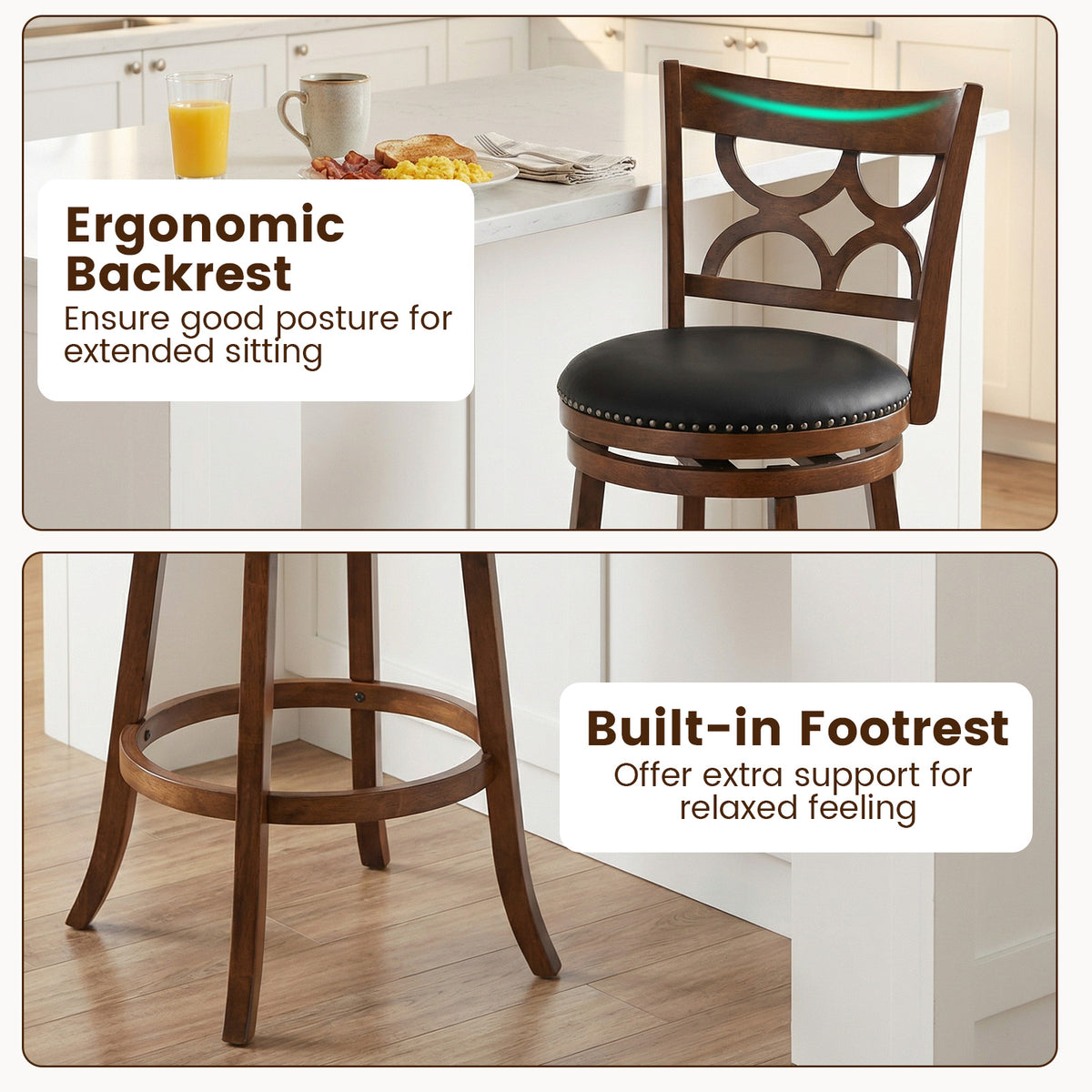 Swivel Bar Stools Set of 2 with High Backrest and Wood Frame-29/Frame-24 Inches
