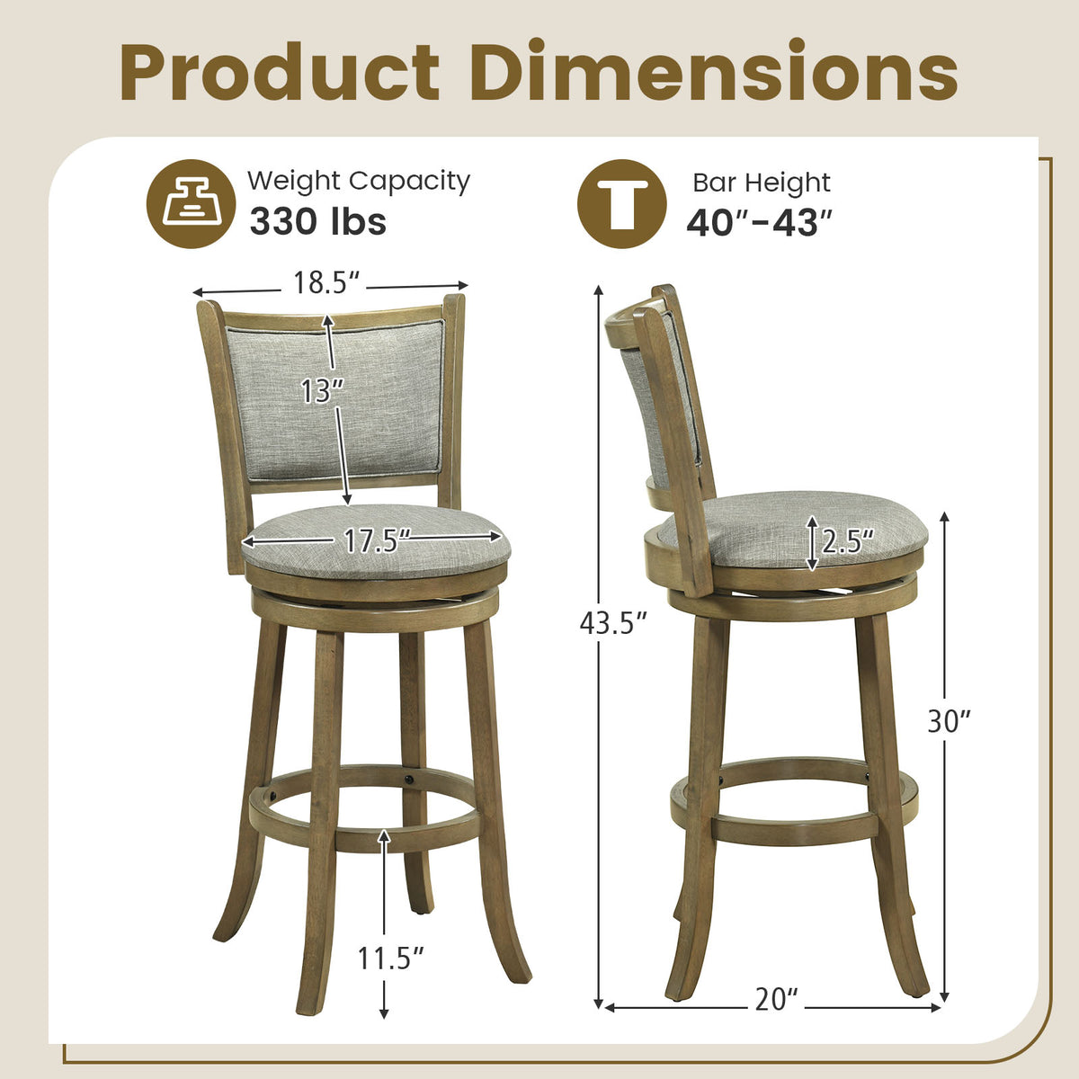 Swivel Bar Stools Set of 2 with Soft-padded Back and Seat