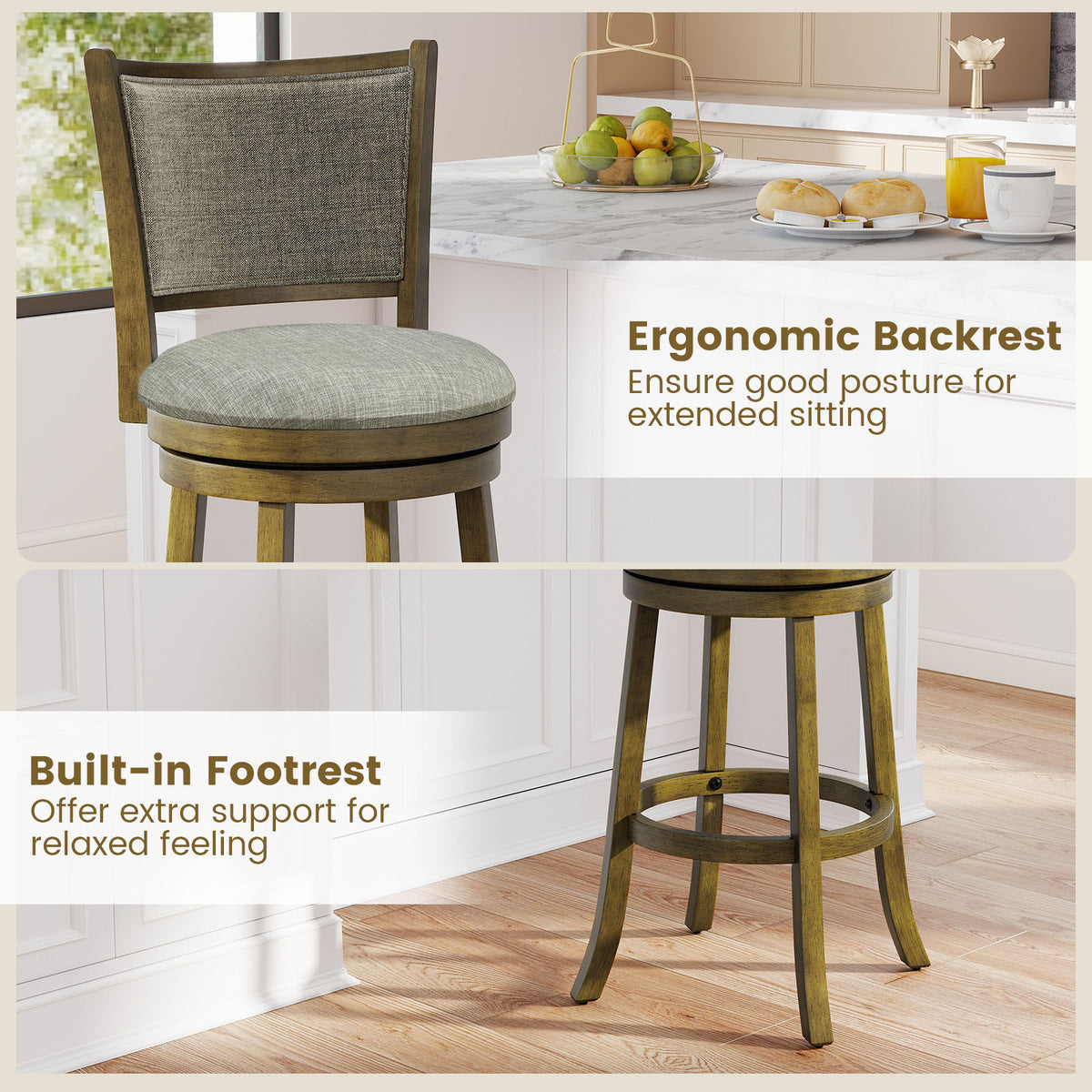 Swivel Bar Stools Set of 2 with Soft-padded Back and Seat