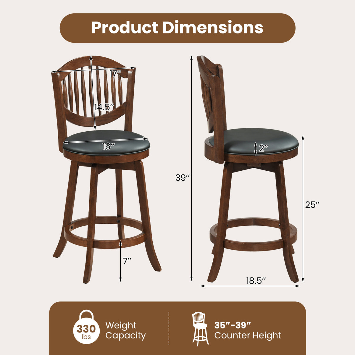 Swivel Bar Stools Set of 2 with Backrest and Wood Frame-30/Frame-25 Inches