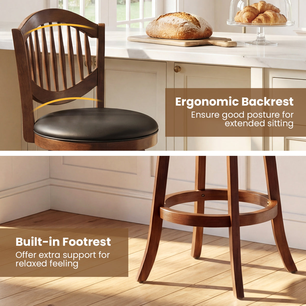 Swivel Bar Stools Set of 2 with Backrest and Wood Frame-30/Frame-25 Inches