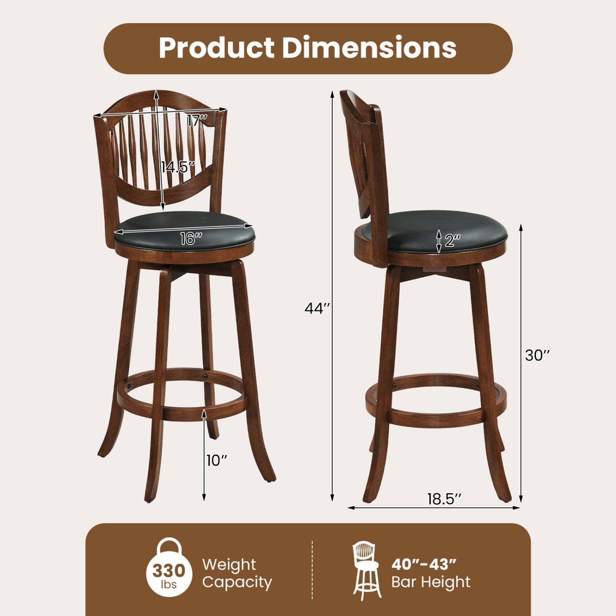 Swivel Bar Stools Set of 2 with Backrest and Wood Frame-30/Frame-25 Inches