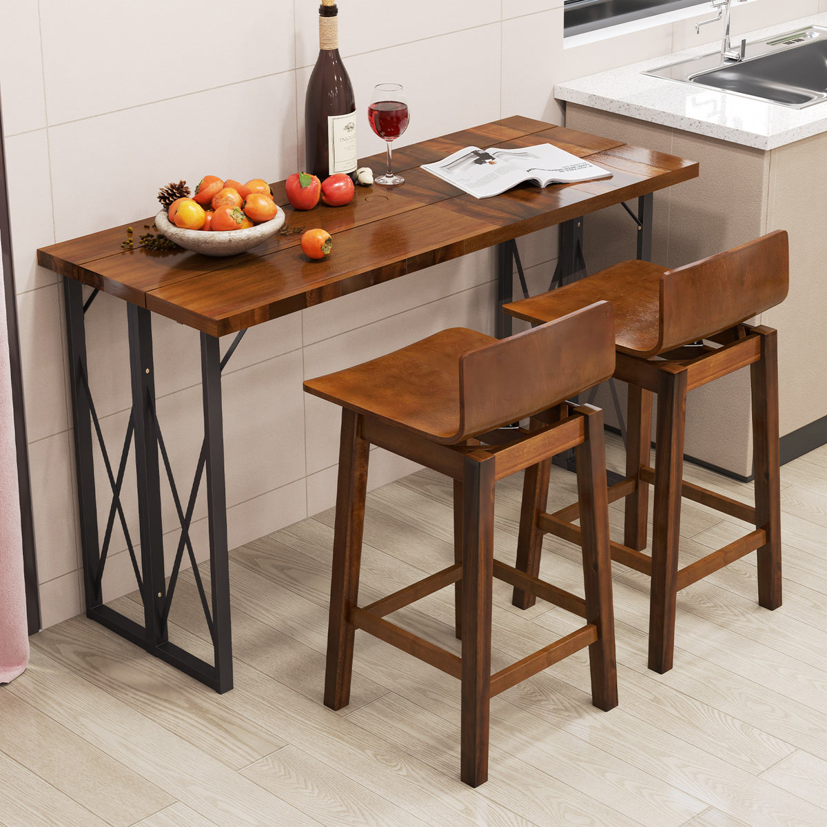 Swivel Wooden Bar Stools Set of 2 with Rubber Wood Legs and Low Back
