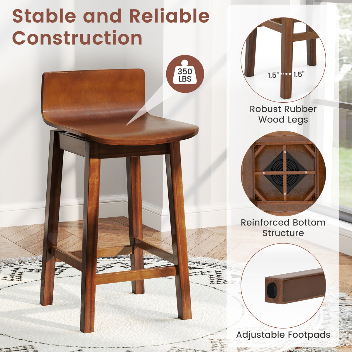 Swivel Wooden Bar Stools Set of 2 with Rubber Wood Legs and Low Back