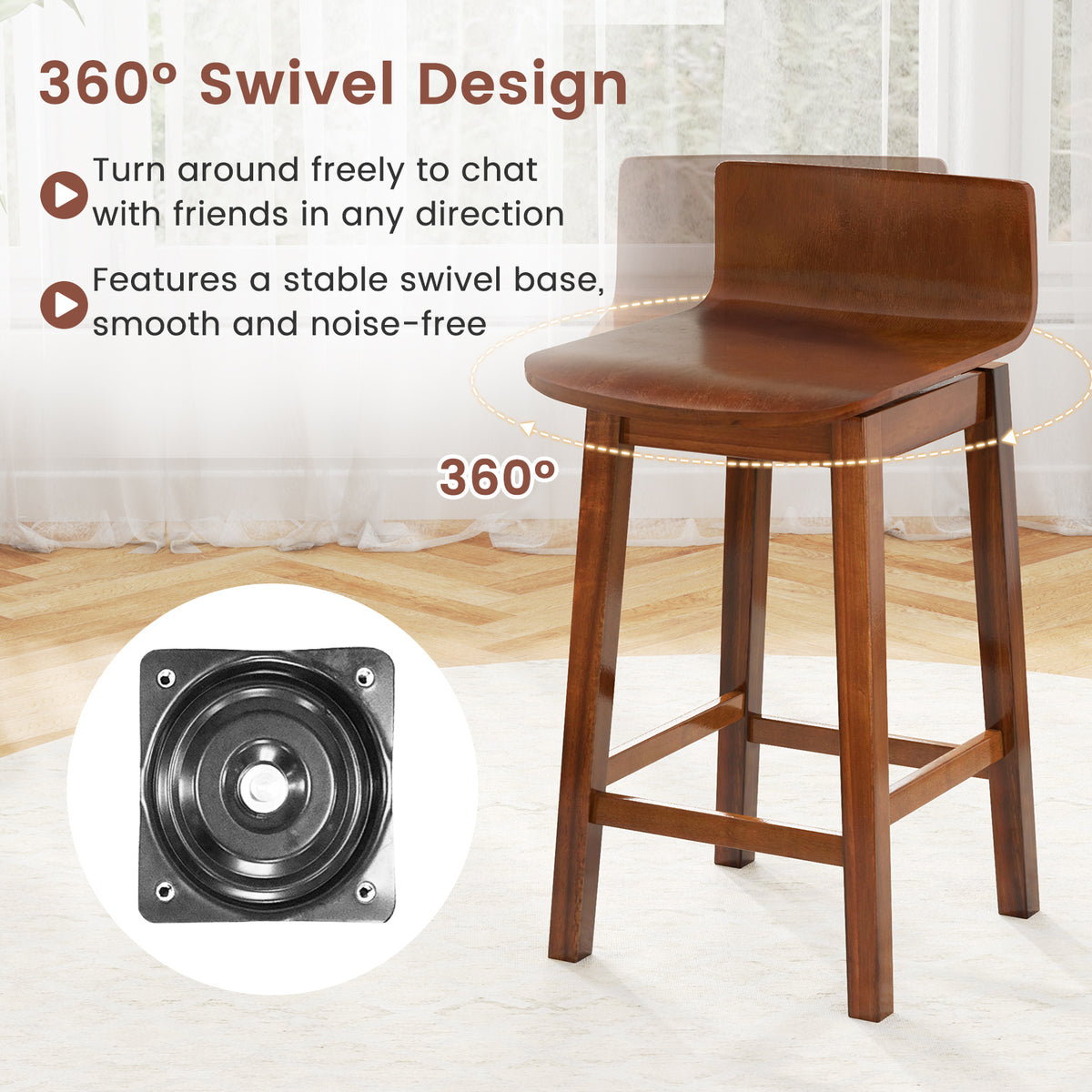 Swivel Wooden Bar Stools Set of 2 with Rubber Wood Legs and Low Back