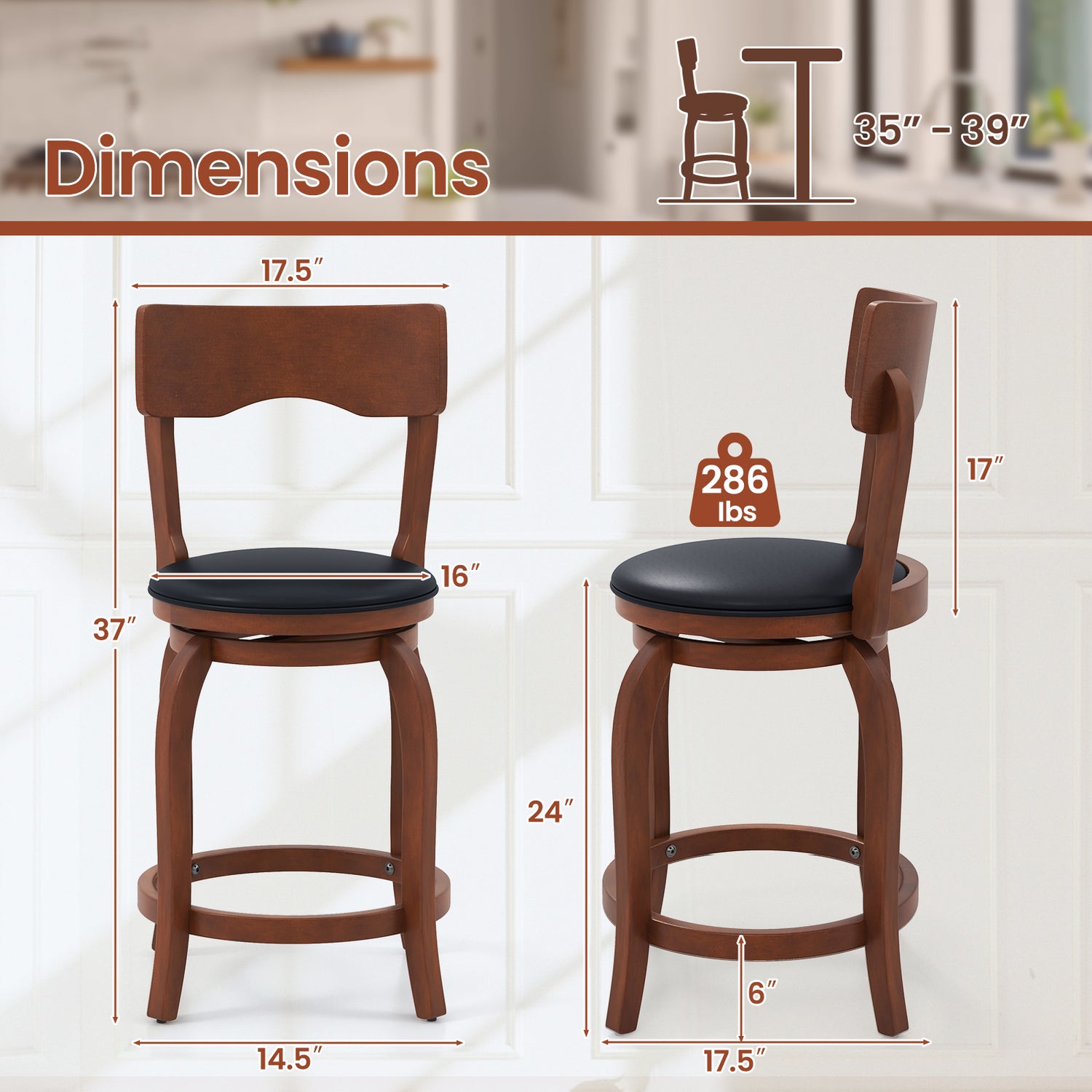 Swivel Bar Stools Set of 2 with Rubber Wood Frame and Upholstered Seat