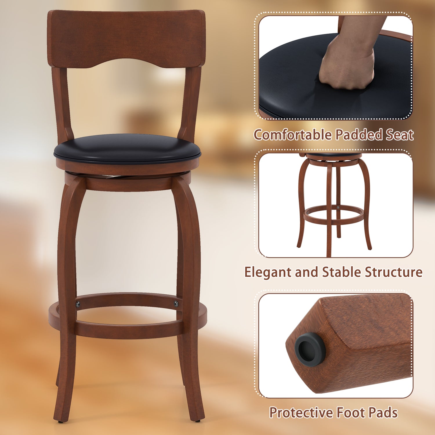 Swivel Bar Stools Set of 2 with Rubber Wood Frame and Upholstered Seat