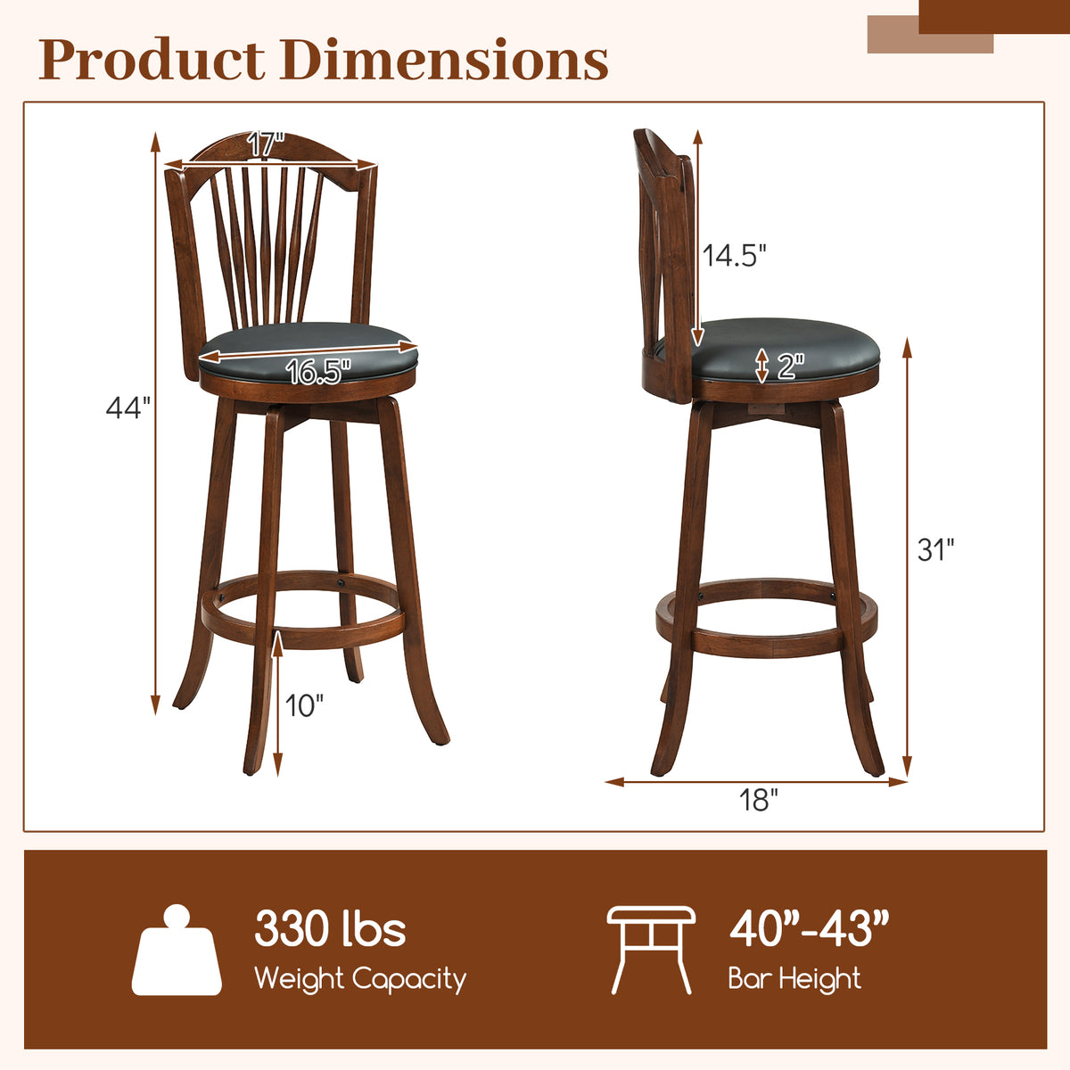 Swivel Bar Stools with Backrests and Wood Frame for Kitchen Island-29/Island-24 Inch
