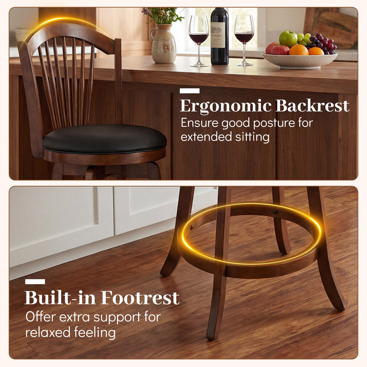 Swivel Bar Stools with Backrests and Wood Frame for Kitchen Island-29/Island-24 Inch