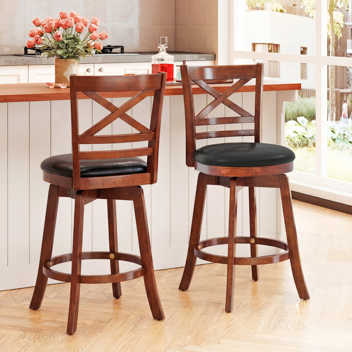 Swivel Barstools Set of 2 with Backrest and Footrest-29/Footrest-24 Inches