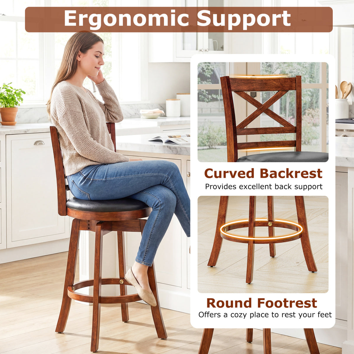 Swivel Barstools Set of 2 with Backrest and Footrest-29/Footrest-24 Inches