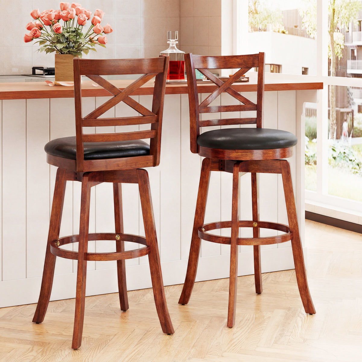Swivel Barstools Set of 2 with Backrest and Footrest-29/Footrest-24 Inches