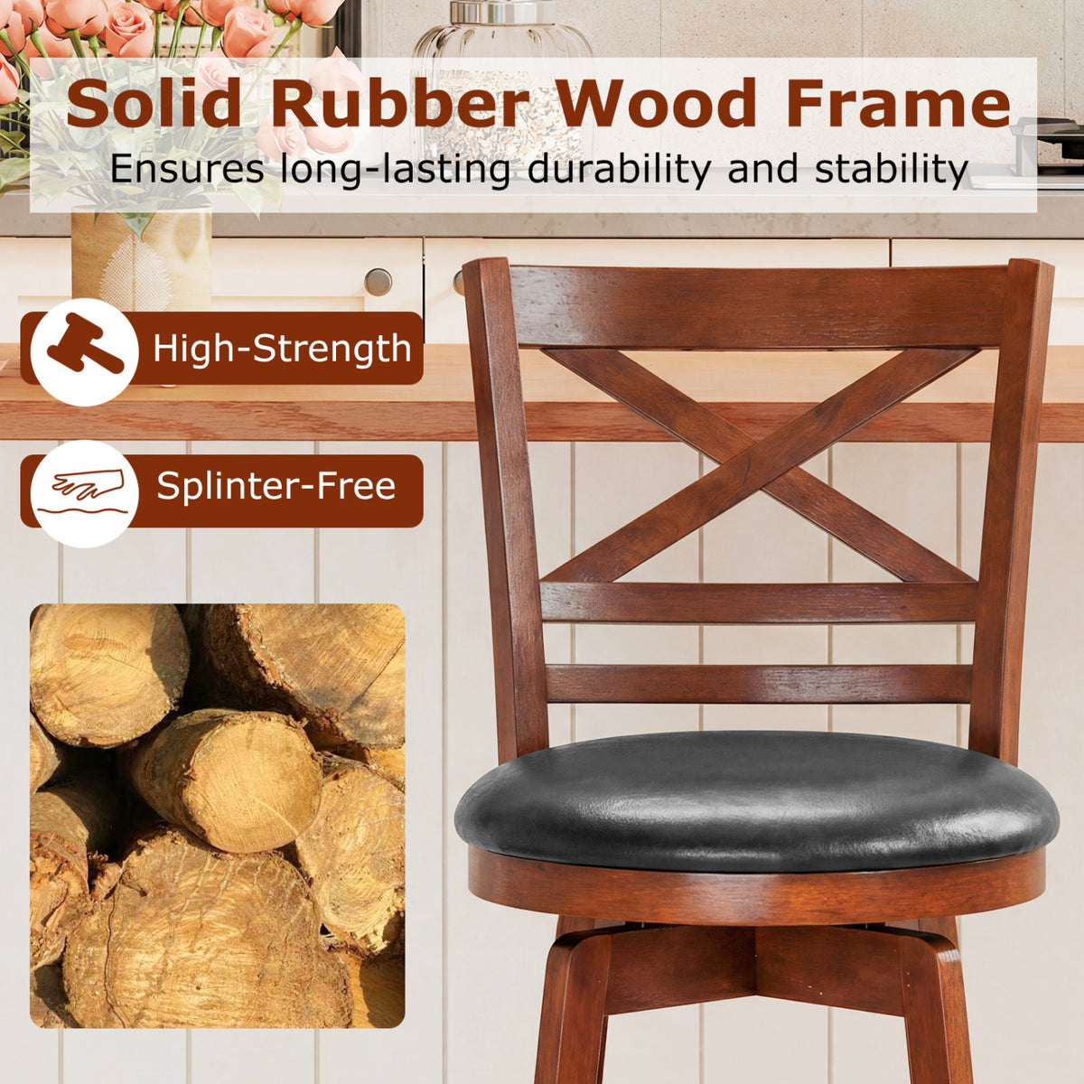 Swivel Barstools Set of 2 with Backrest and Footrest-29/Footrest-24 Inches
