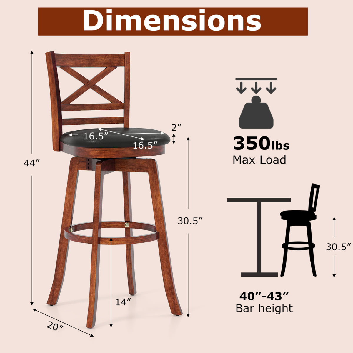 Swivel Barstools Set of 2 with Backrest and Footrest-29/Footrest-24 Inches