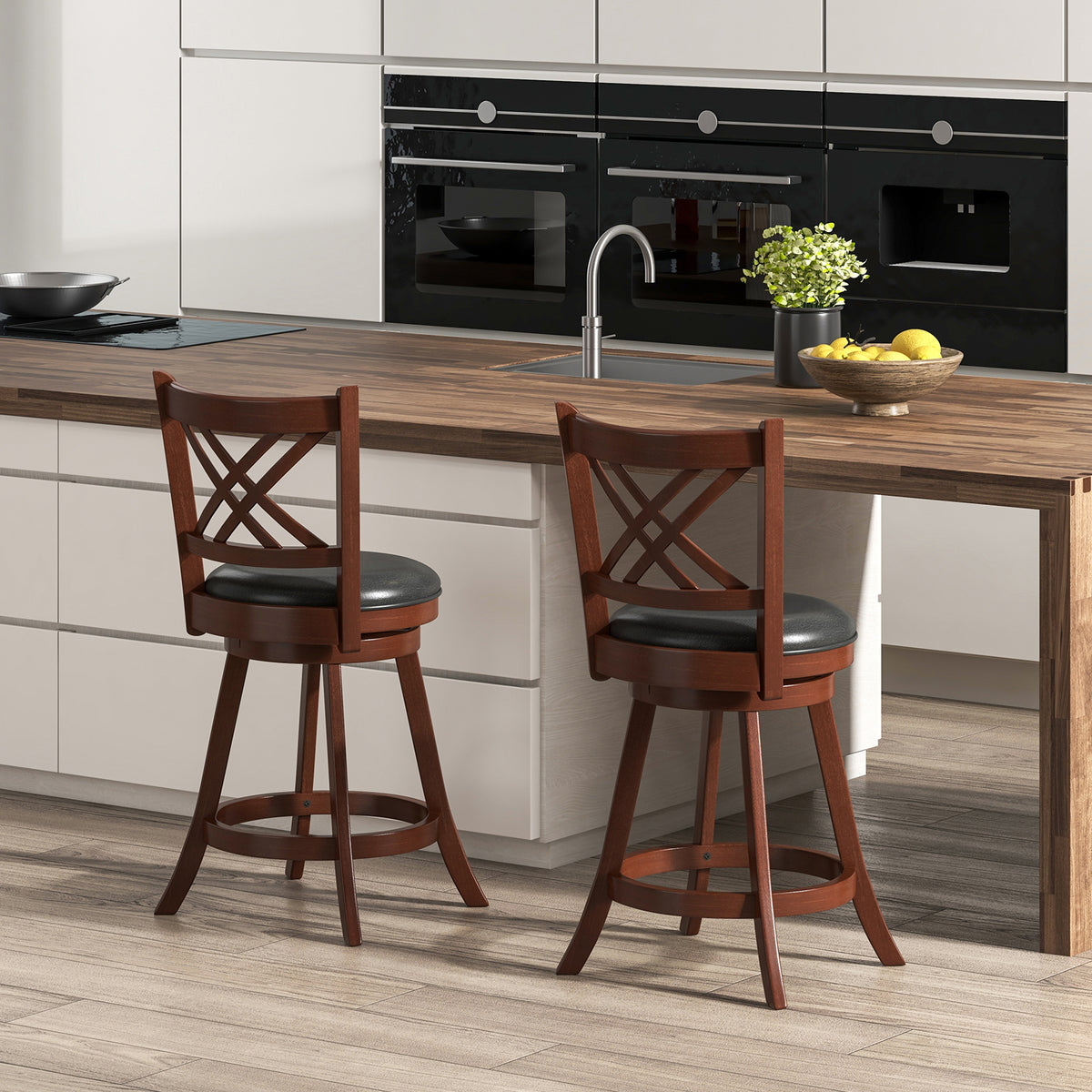 360° Swivel Upholstered Barstools Set of 2 with Back and Footrest-29/Footrest-24 inches