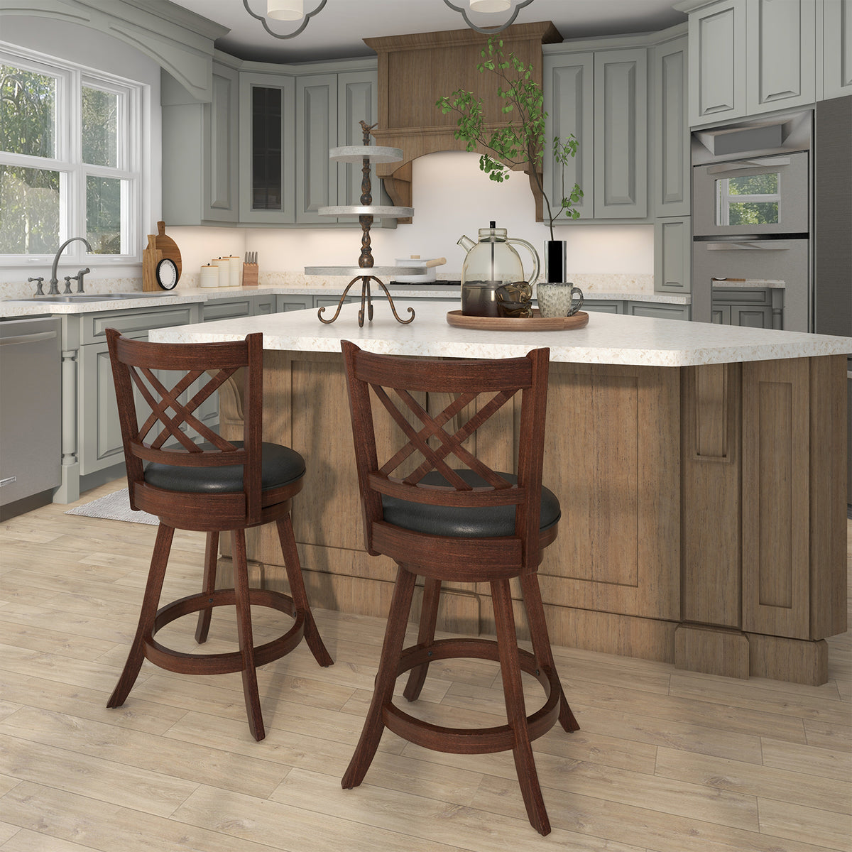 360° Swivel Upholstered Barstools Set of 2 with Back and Footrest-29/Footrest-24 inches