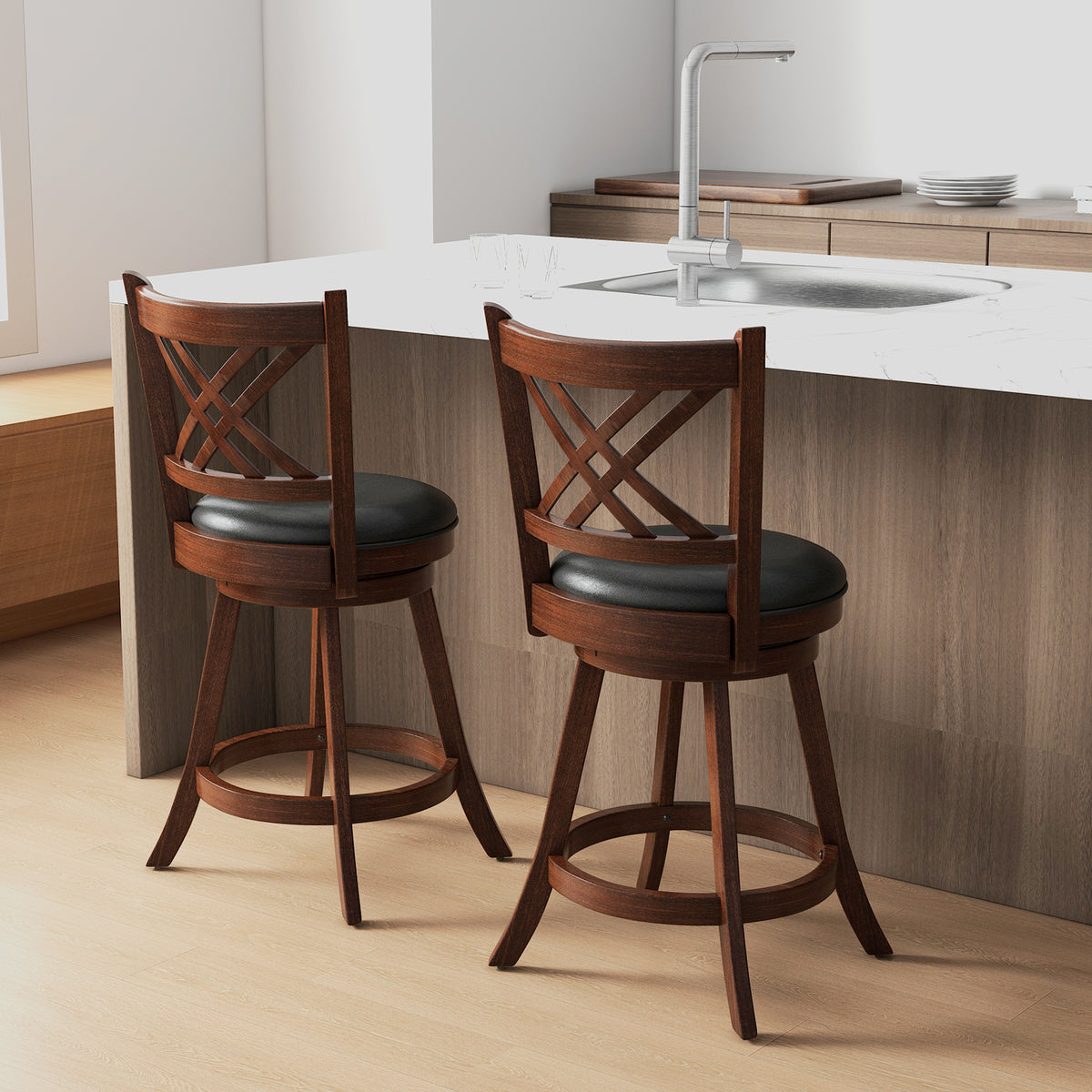 360° Swivel Upholstered Barstools Set of 2 with Back and Footrest-29/Footrest-24 inches