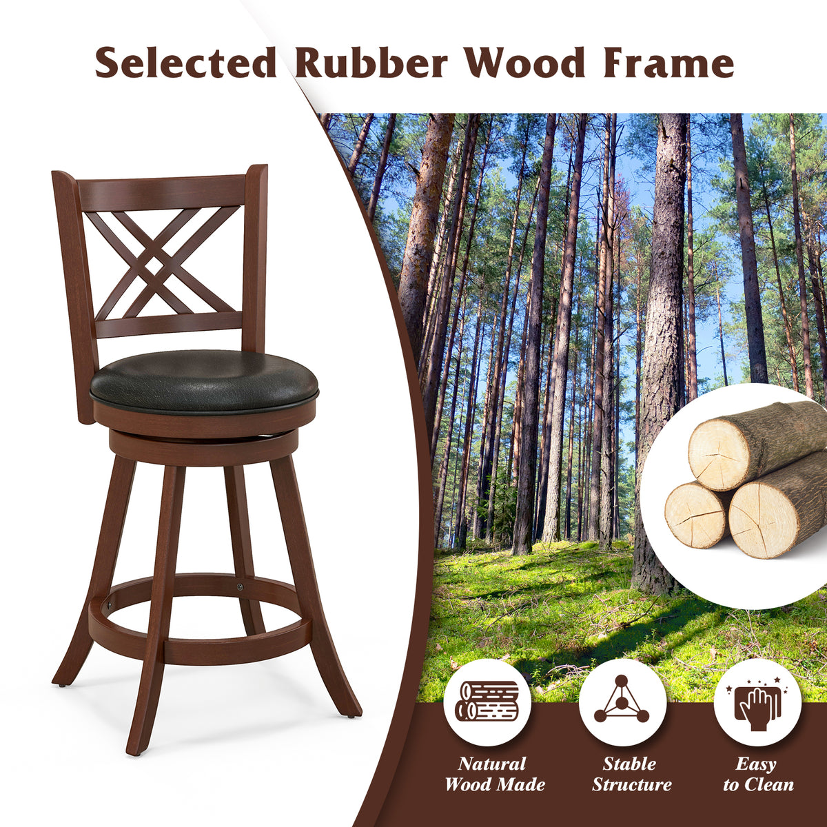 360° Swivel Upholstered Barstools Set of 2 with Back and Footrest-29/Footrest-24 inches